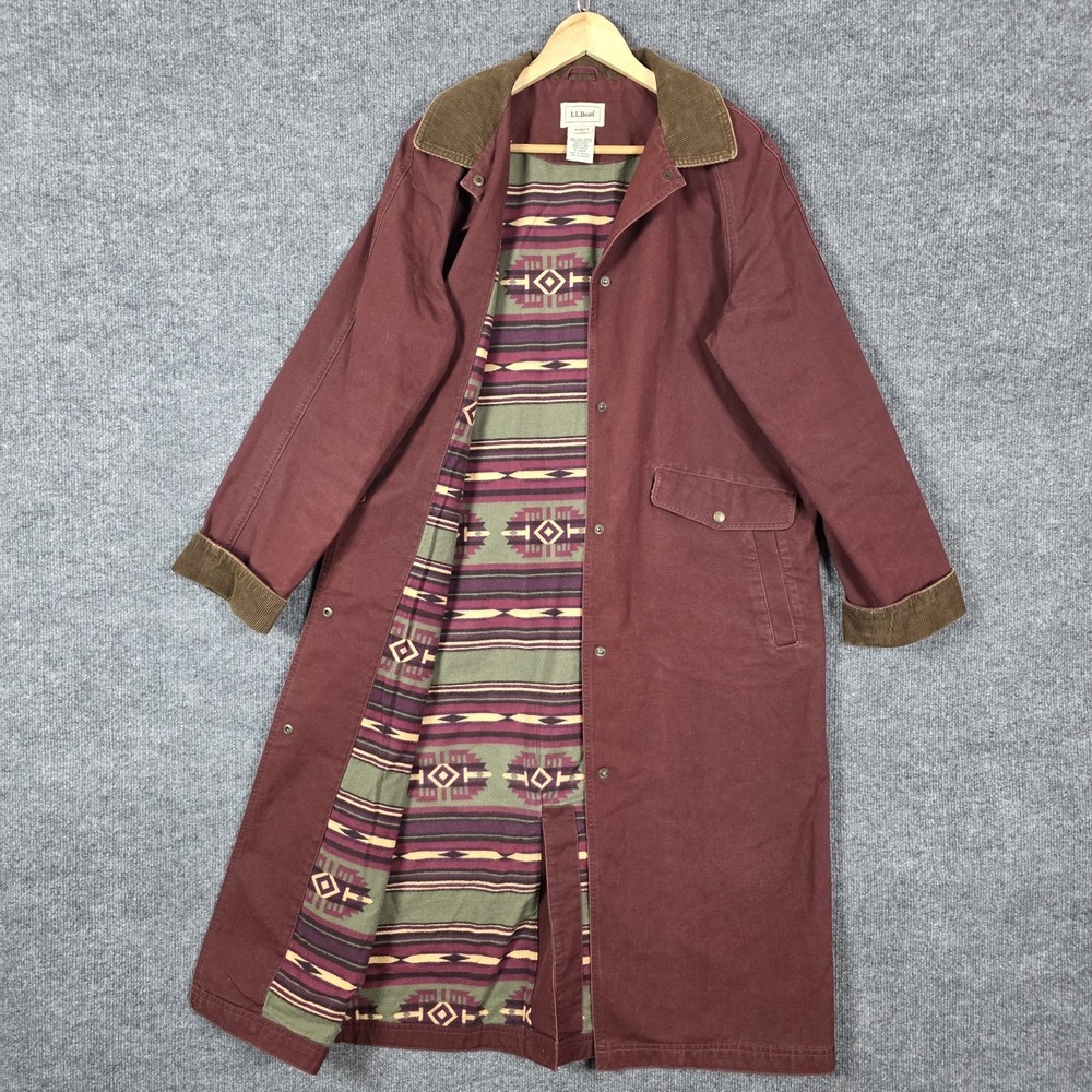Vintage LL Bean Womens M Long Barn Coat Burgundy Aztec Lined Corduroy Ranch 90s